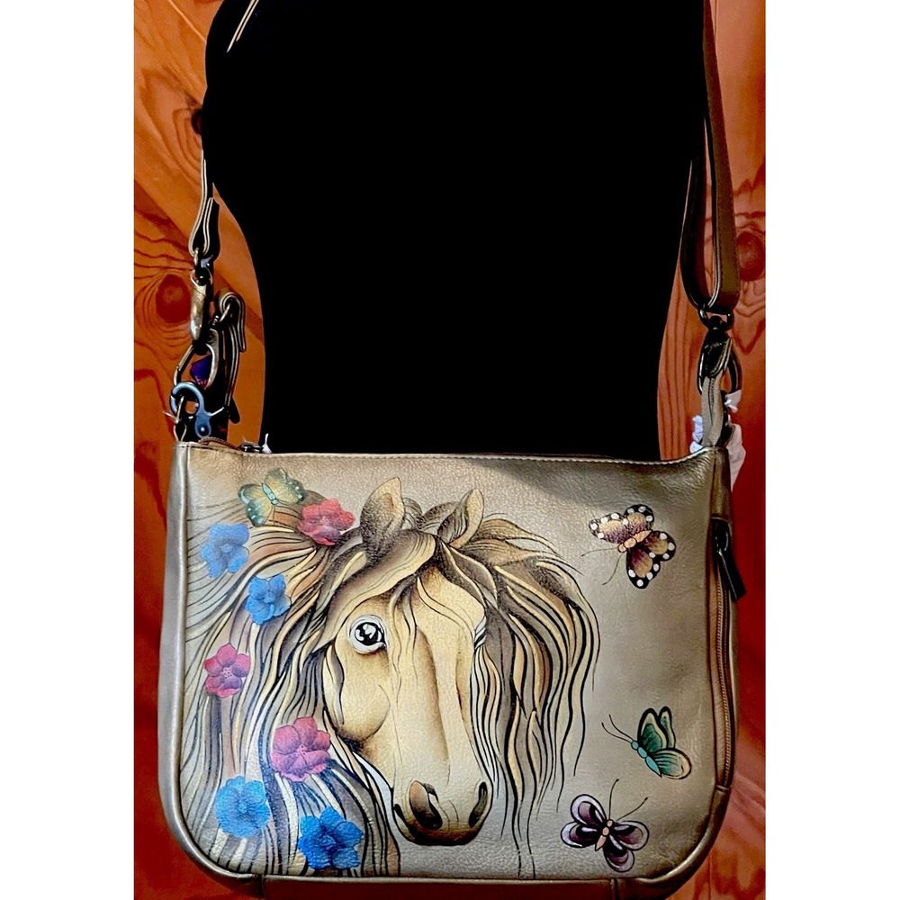 Anuschka 7456 Golden Horse Hand Painted Leather Crossbody Bag NWT Floral India